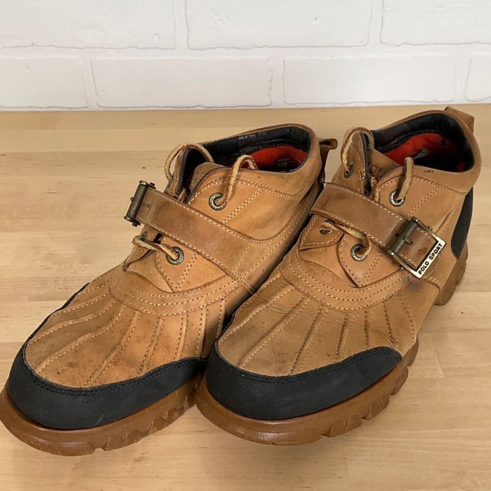 Polo Sport Ralph Lauren Duck Shoe Boots Men 10.5D Tan Black Dover Leather Buckle